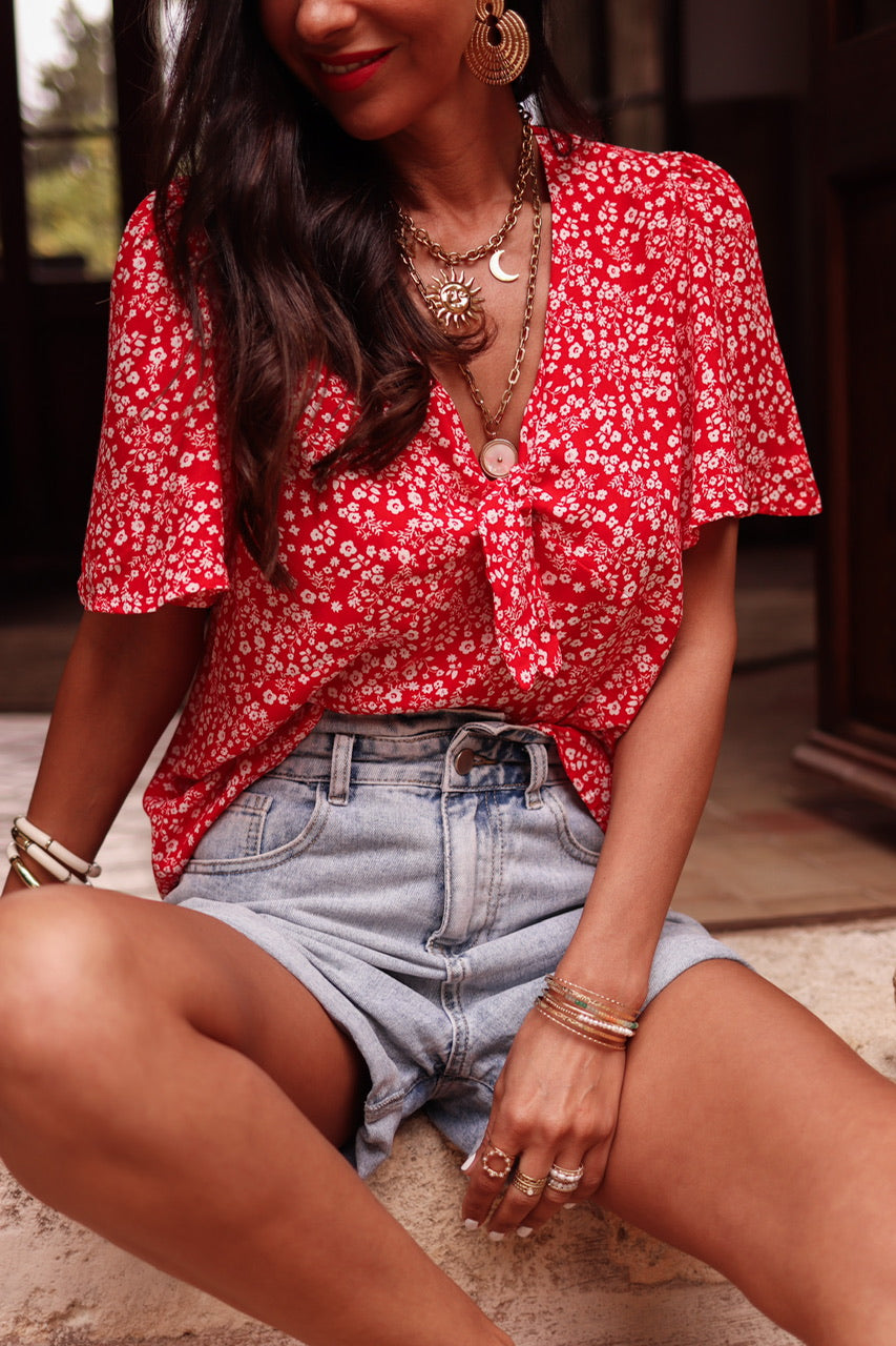 Blouse Anja rouge à fleurs